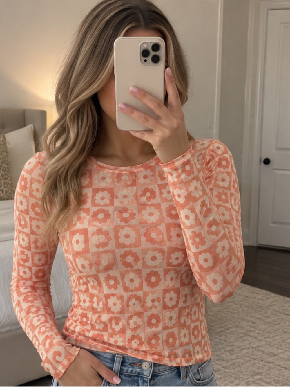 Alter’d State Floral Checkerboard Mesh Long Sleeve Top Size S